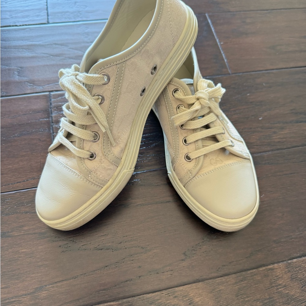 Gucci GG Monogram Low Leather Canvas Sneakers Women 37 Cotton Washed White